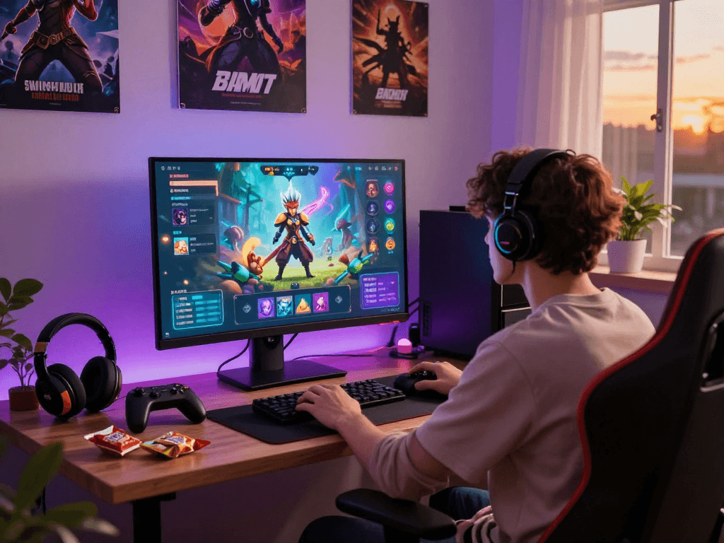 Engaged player immersed in an adult game in a cozy gaming room with vibrant lighting and character customization.