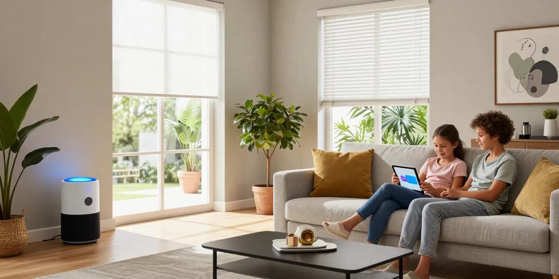 IKEA smart home products enhancing a modern living room with smart lighting and automated blinds for a cozy family atmosphere.