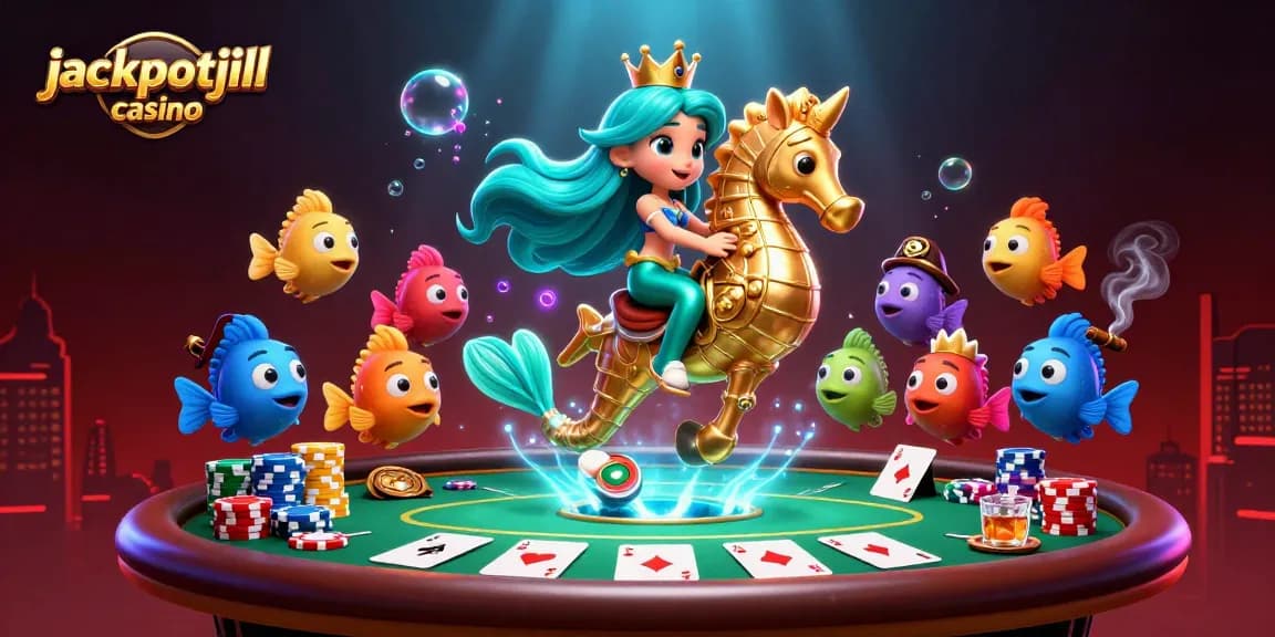 Engage in the thrilling adventure at jackpotjill casino with a mermaid and vibrant casino elements.
