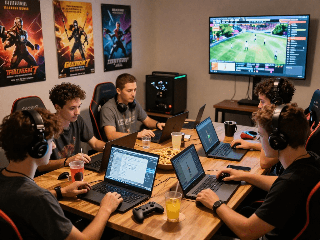 Friends enjoying online gaming at lemon121 hub with snacks and colorful displays.