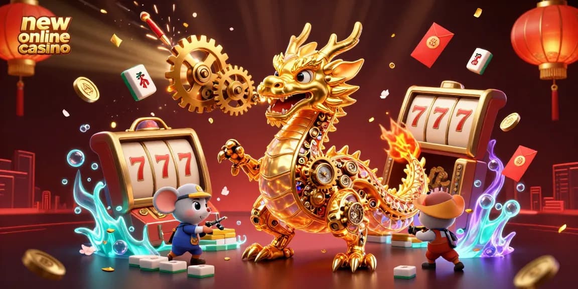 Experience the thrill of a new online casino with a golden dragon and vibrant game elements.