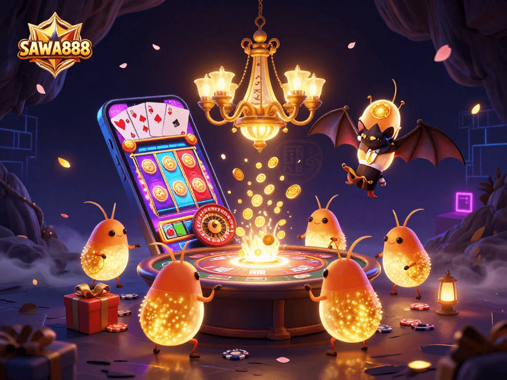 Experience the thrill of SAWA888 with a lively casino scene illuminated by glowworms and a bat dealer.