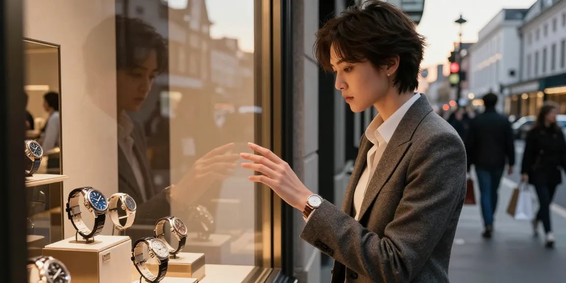 Admiring luxury clone watches in an urban setting, showcasing high-end designs.