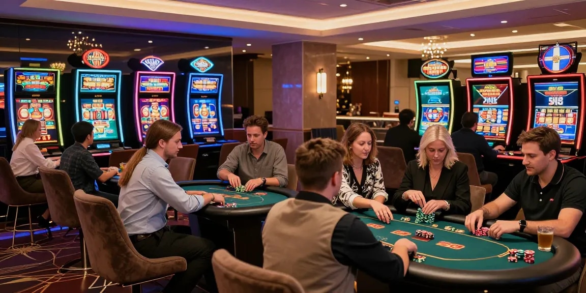 Diverse players enjoying vibrant non UKGC casinos atmosphere with engaging gaming experiences