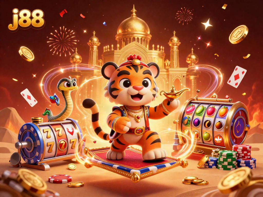 j88 slots illustration with a tiger sultan, magic lamp genie, and vibrant casino elements