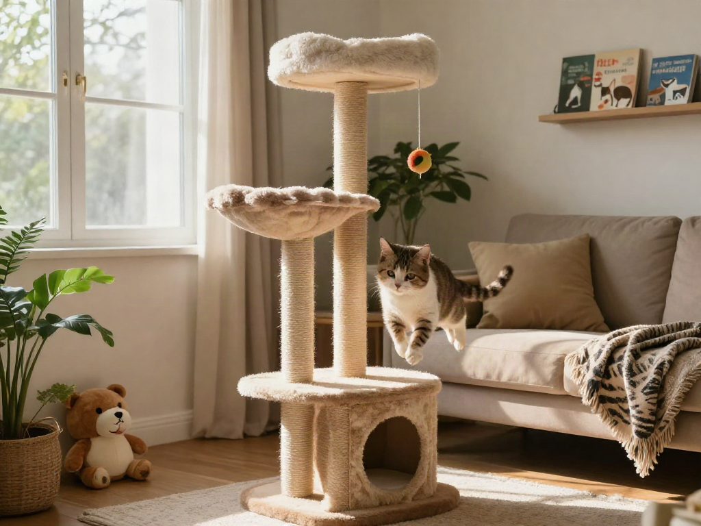 Cat tree in cozy living room with playful cat climbing and natural light.