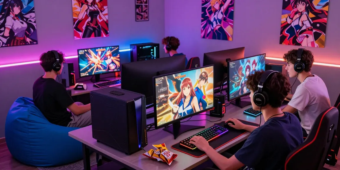 Engaged players enjoying a hentai game in a vibrant gaming studio with LED lights.