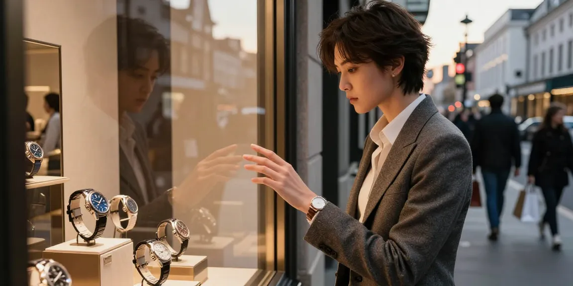 Admiring luxury clone watches in an urban setting, showcasing high-end designs.