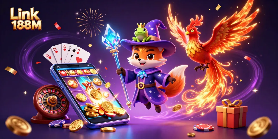 Win big with Link 188M showcasing a wizard fox, phoenix, and gaming excitement.