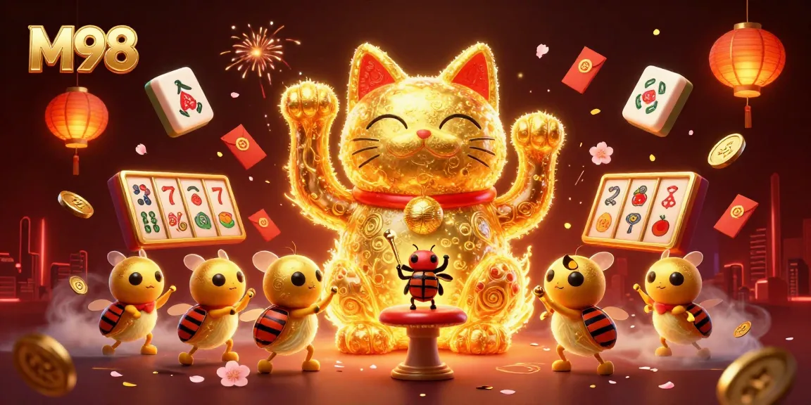 M98 brings luck to gamers with a vibrant lucky cat illustration amidst dynamic casino symbols.