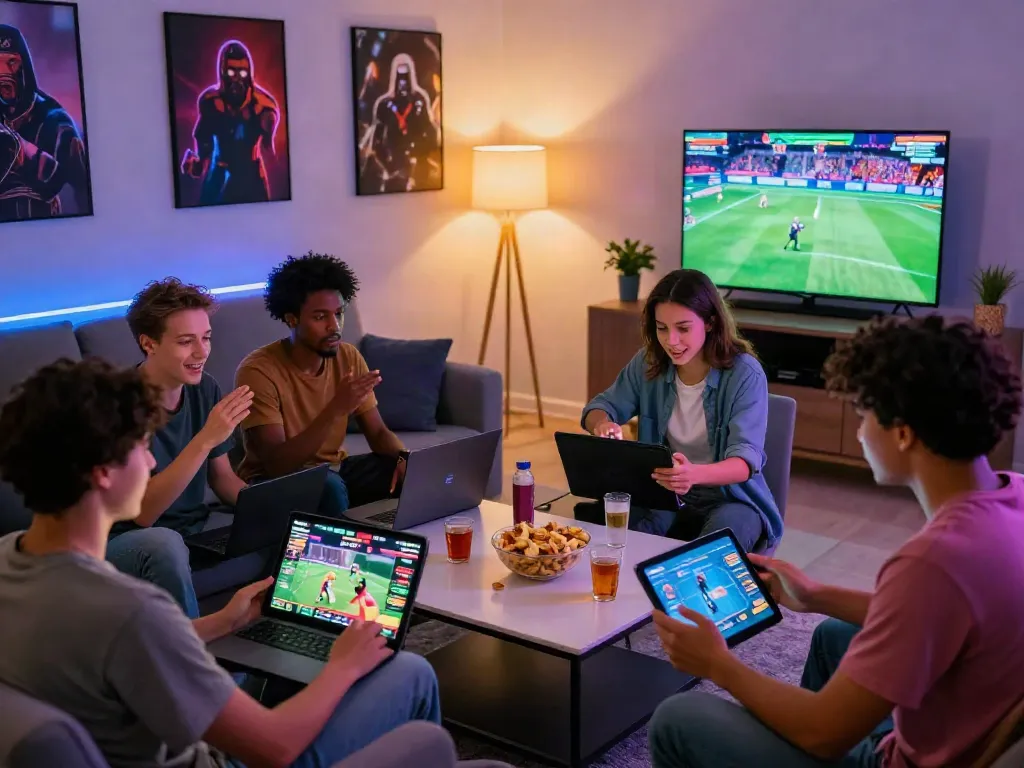 Friends enjoying online gaming experience at gem88.com in a lively living room.