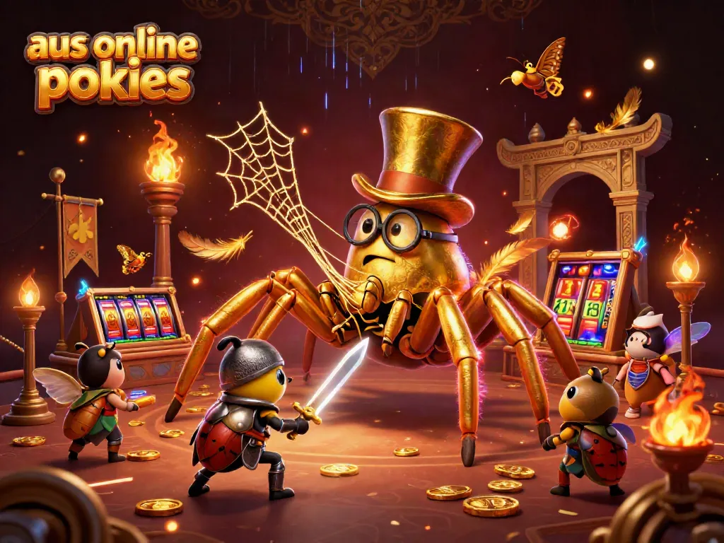Engage in aus online pokies with thrilling visuals featuring a golden tarantula weaving riches in a dynamic casino scene.