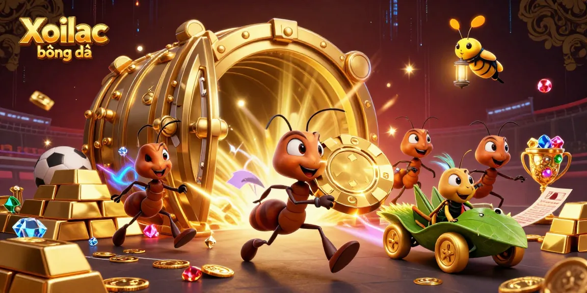 Xoilac bóng đá features ants orchestrating a playful heist with a golden poker chip, surrounded by dynamic betting elements.