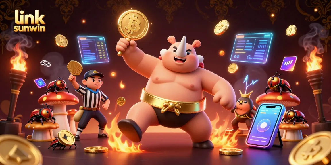Experience the thrill of link sunwin with a sumo beetle champion surrounded by glowing coins in a 3D casino.