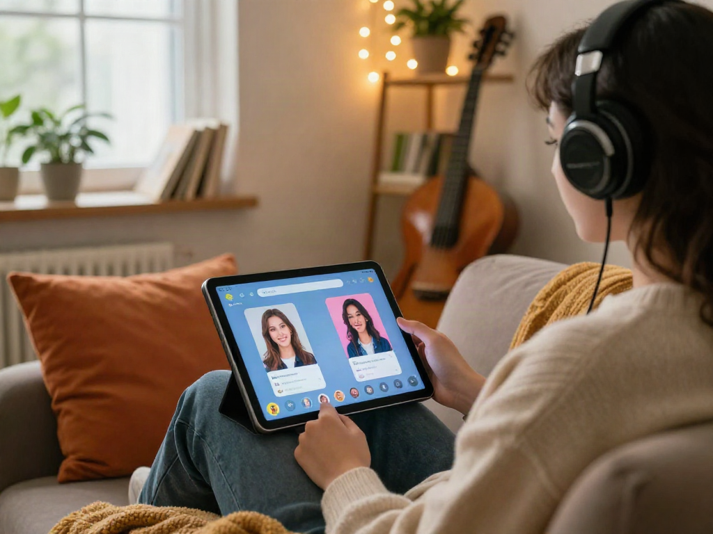 Engaging ai sex chat session with AI interface in a cozy setting