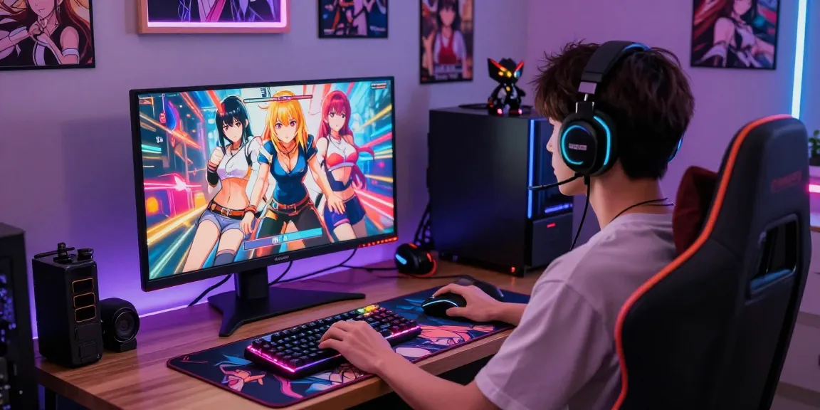 Gamer engaging in a captivating hentai game session with vibrant anime graphics and gaming setup.