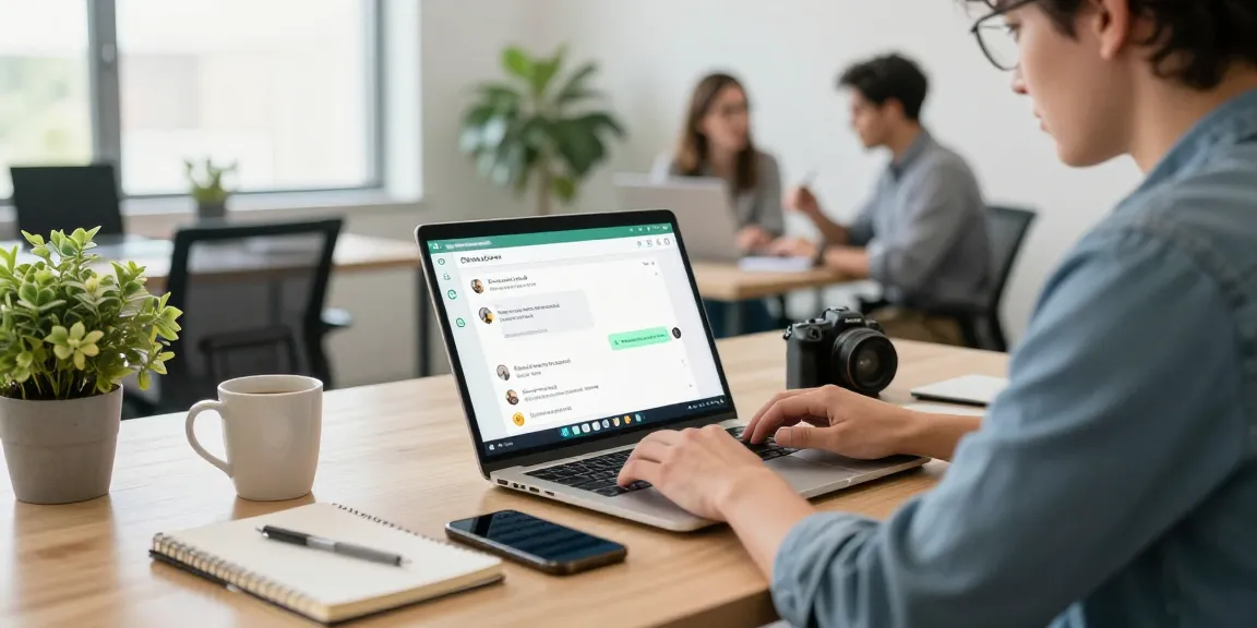 Individual using WhatsApp網頁版 on laptop in modern office environment, engaging in professional communication.