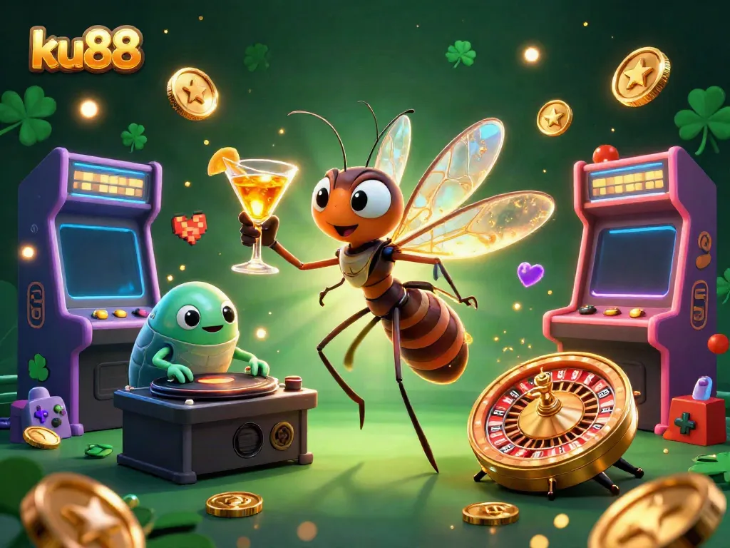 Experience vibrant gaming excitement with ku88's dynamic illustration of casino characters and elements