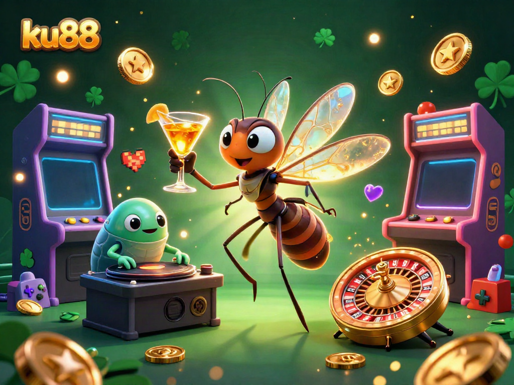 Experience vibrant gaming excitement with ku88's dynamic illustration of casino characters and elements