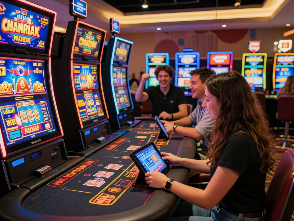 A young woman playing online slots at a vibrant casino scene showcasing the excitement of USA casinos for UK players on https://aboutobo.com.