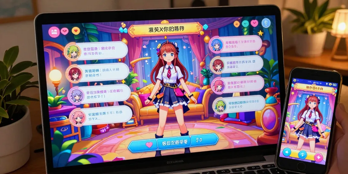 A captivating visual of a vibrant interface for ecchi games, showcasing a stylish anime character in a magical harem setting.