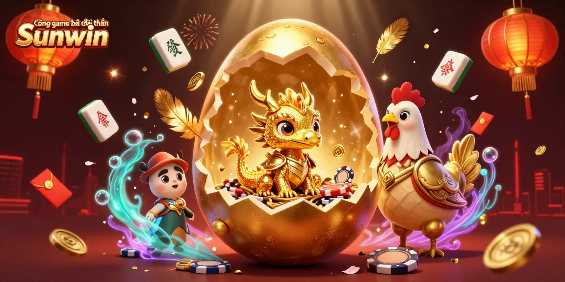 Cổng game bài đổi thưởng Sunwin features a vibrant scene with a golden dragon, chips, and festive elements.