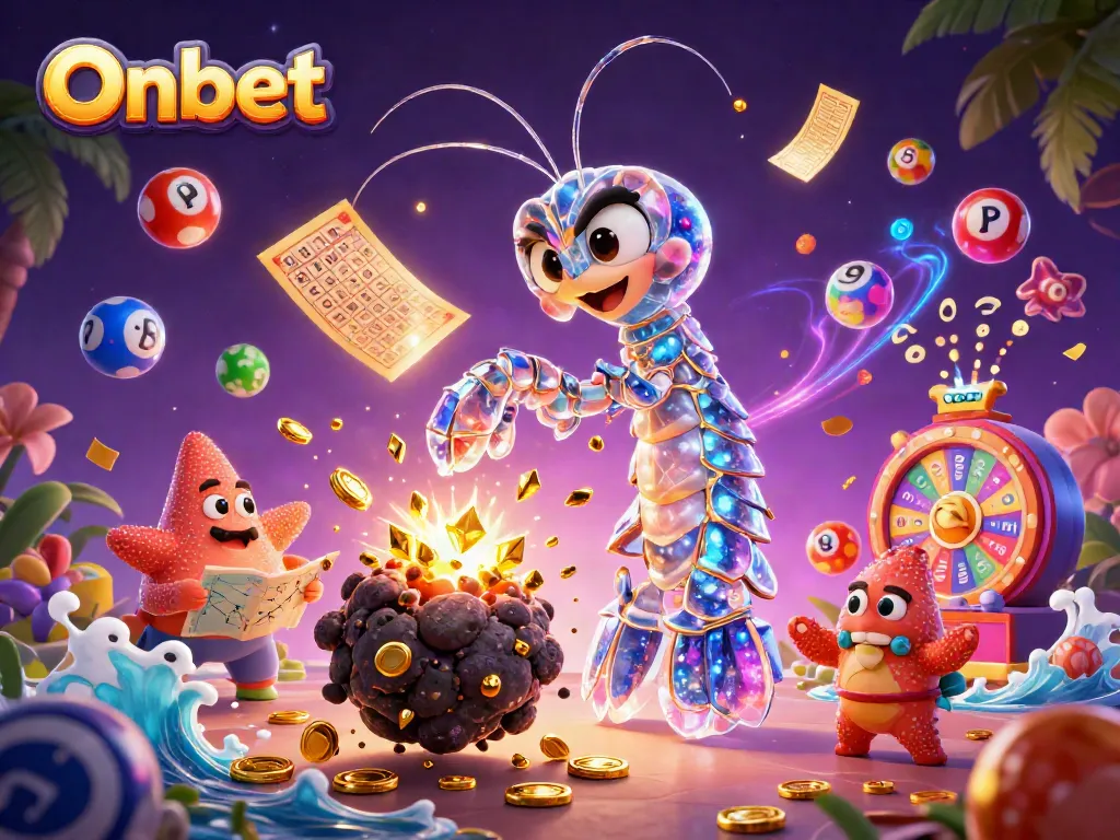 Engage with Onbet's vibrant lottery scene featuring dynamic characters and colorful game elements.