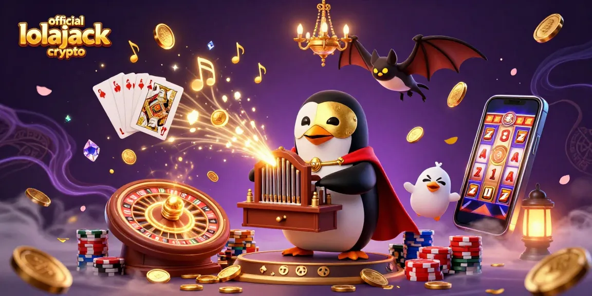 Engage with official lolajack crypto in a vibrant casino scene featuring a penguin organist and immersive game elements.