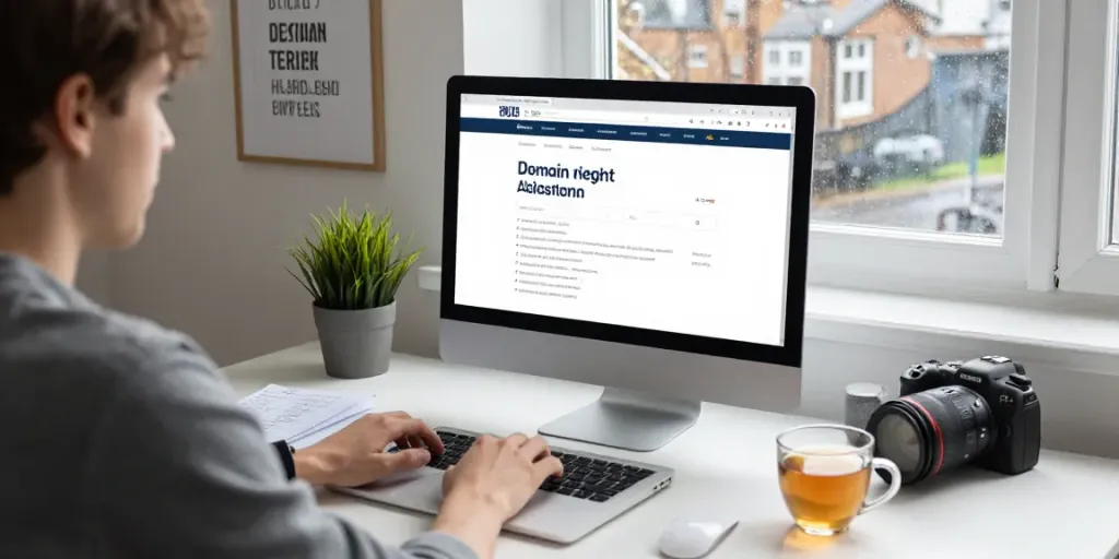 Register .co.uk domain name on a laptop in a cozy home office setting.