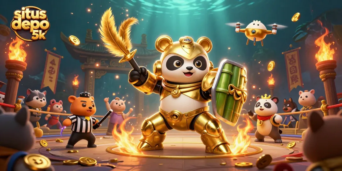 Engage in thrilling action on "situs depo 5k" showcasing the mech-suit panda in a gambling arena with dynamic game elements.