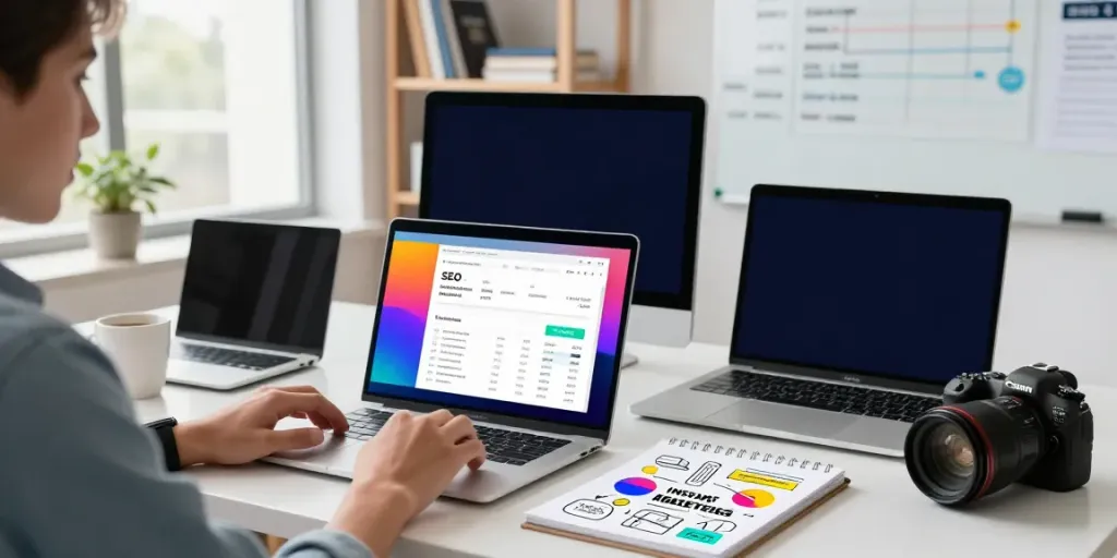 Strategist analyzing instant indexing strategies in a modern digital marketing workspace.