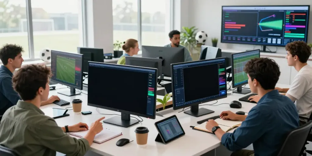 Tebakskor889.org sports analysts reviewing live match statistics in a modern studio.