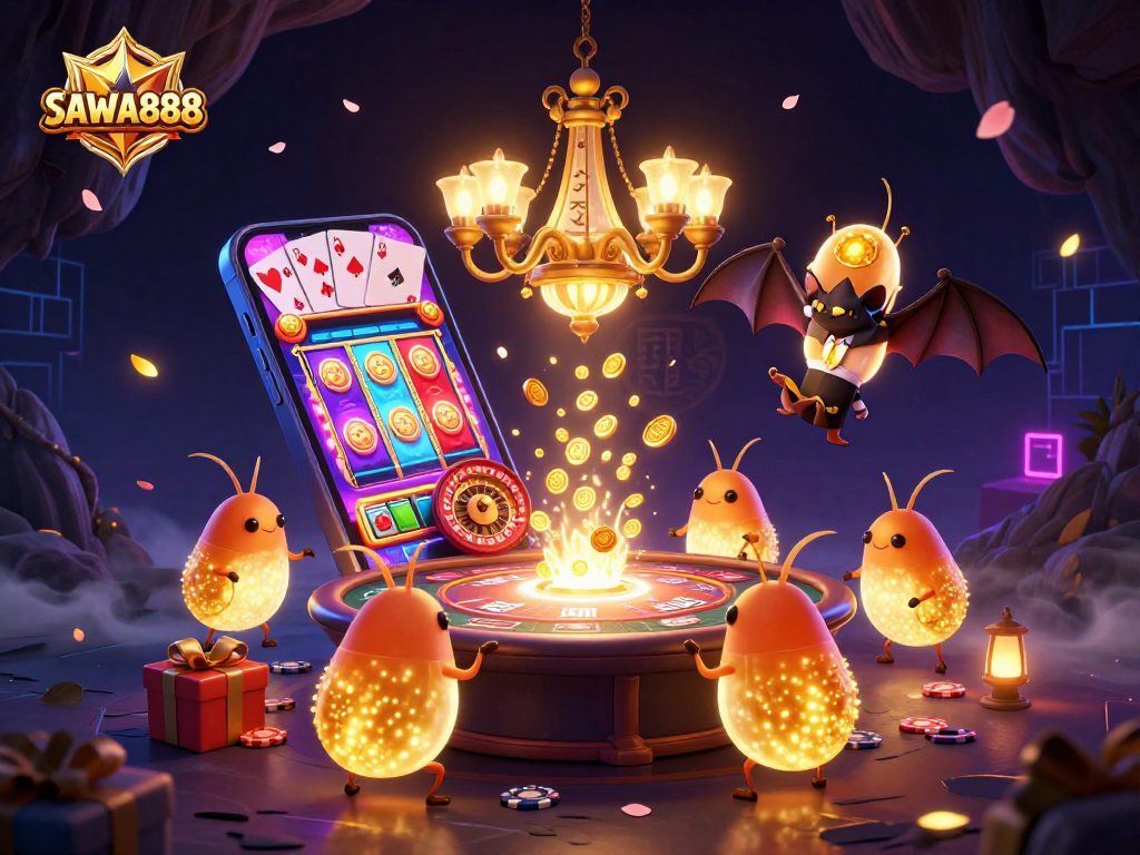 Experience the thrill of SAWA888 with a lively casino scene illuminated by glowworms and a bat dealer.