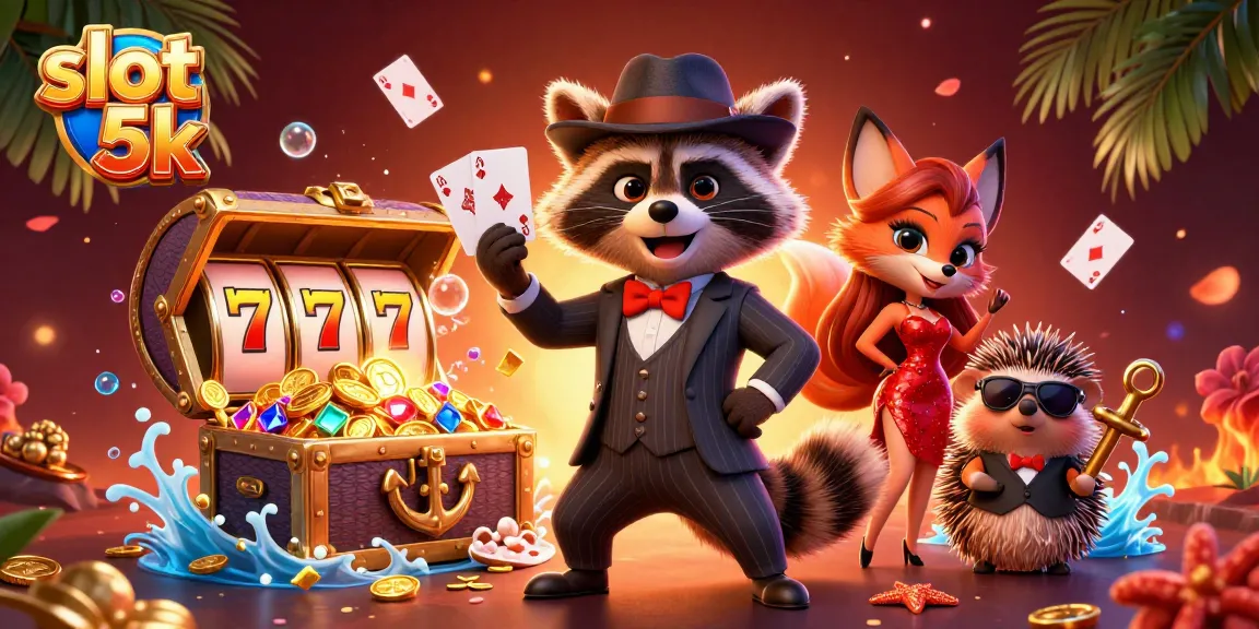 Experience thrill with slot 5k as a suave raccoon showcases a winning royal flush hand amidst the vibrant casino scene.