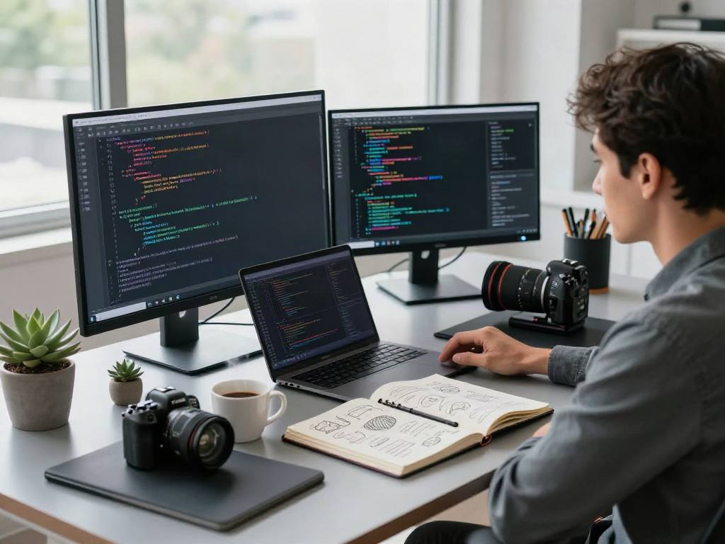 Dynamic workspace at boardthread.net featuring a developer focused on coding with advanced gadgets.