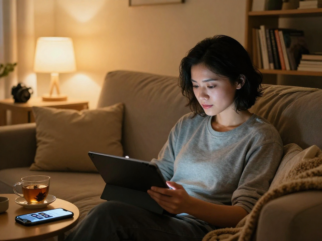 Engaging in an ai porn chat on a tablet in a cozy setting.