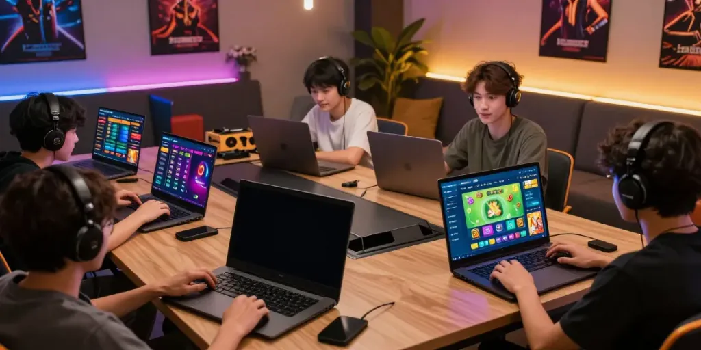 Dewatogel Link Alternatif online gaming scene with players using devices.