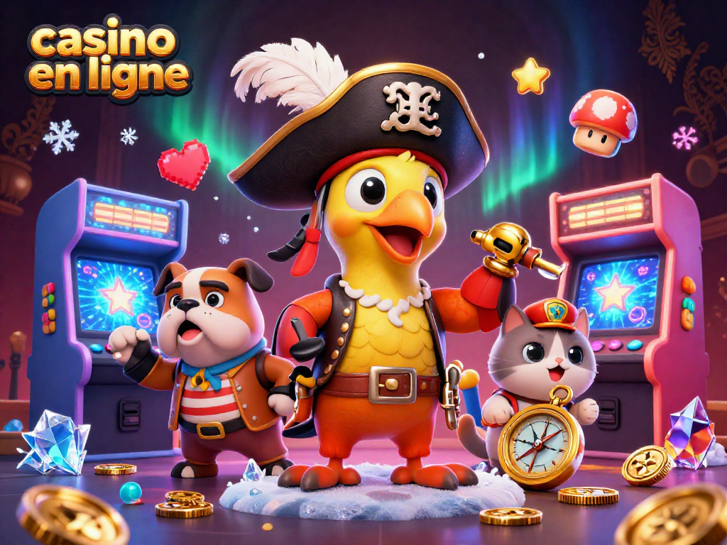 Jouer au casino en ligne avec une scène colorée de personnages animés et de machines arcade éclatantes.