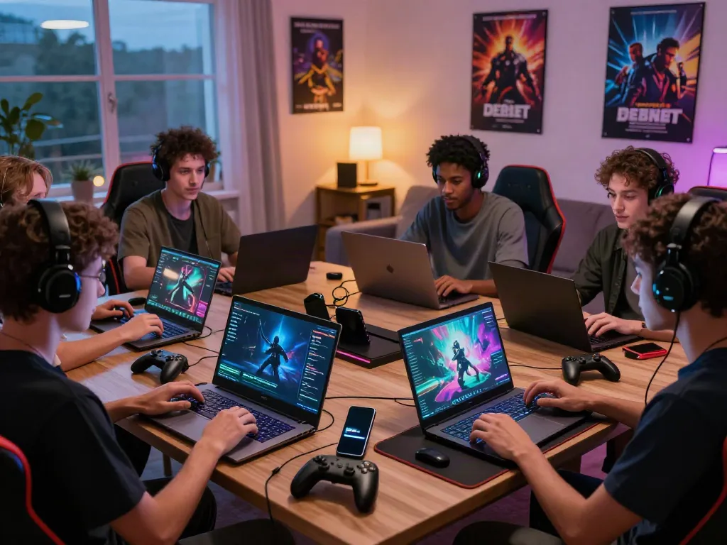 Friends engaged in gaming on http://debet-onl.com in a lively living room setting.