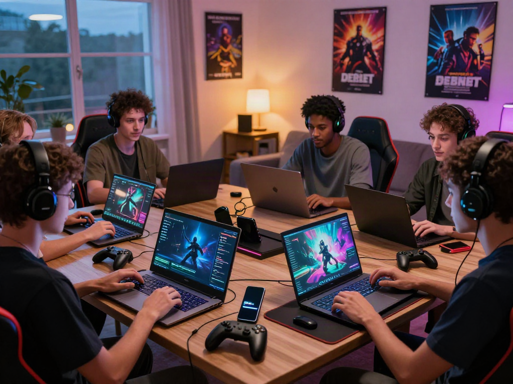 Friends engaged in gaming on http://debet-onl.com in a lively living room setting.