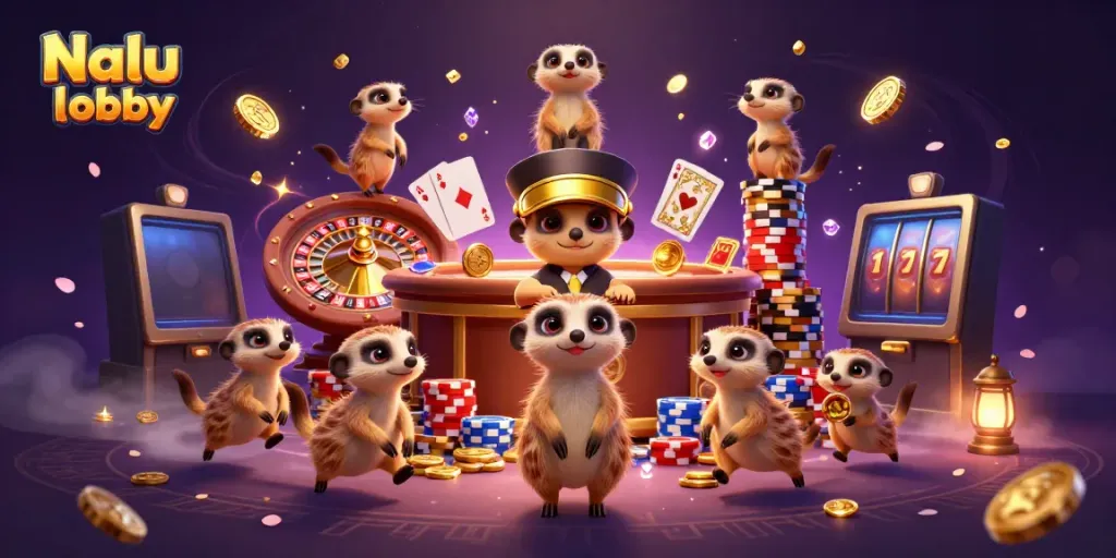 Nalu lobby showcases lively meerkat casino action amidst a dazzling backdrop of gold coins and cards.