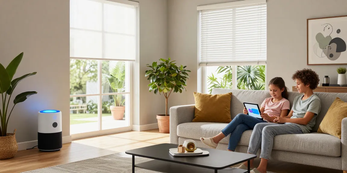 IKEA smart home products enhancing a modern living room with smart lighting and automated blinds for a cozy family atmosphere.