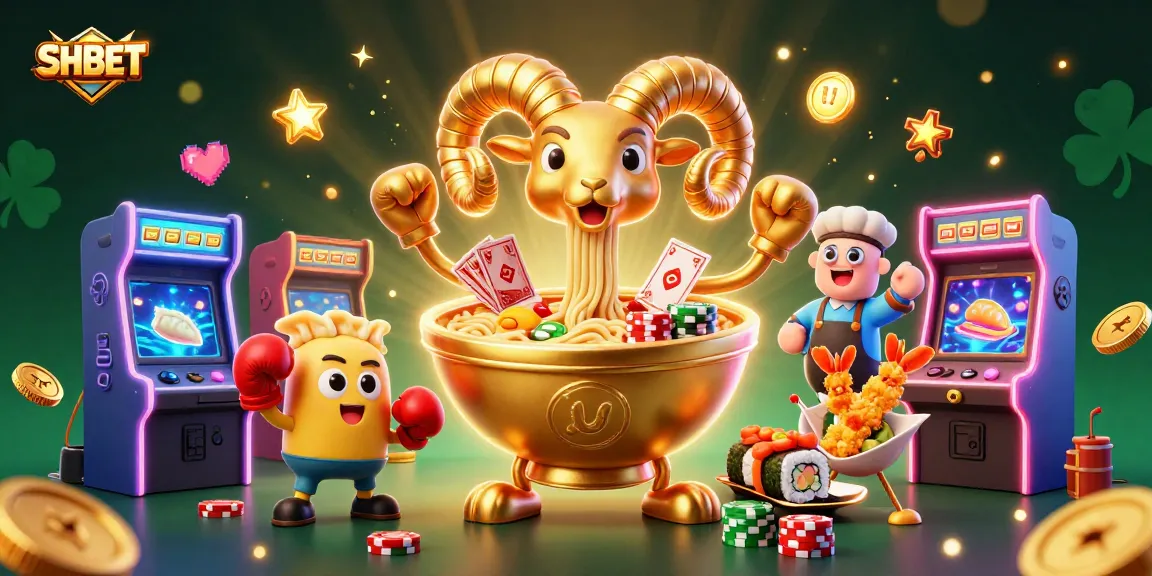 SHBET transforms gaming with vibrant illustrations of a golden ramen bowl and dynamic casino elements.