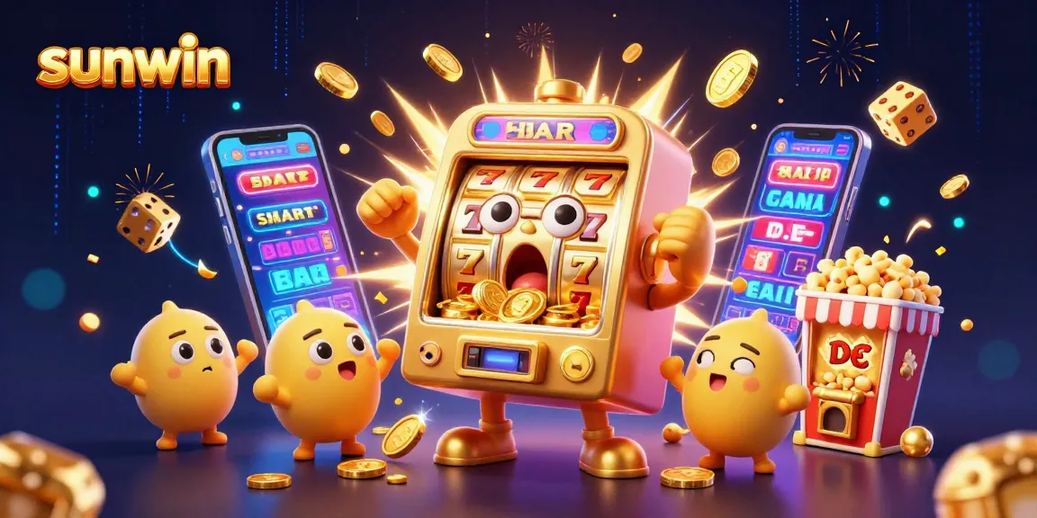 Sunwin slot machine hits jackpot, coins pour out in vibrant casino scene