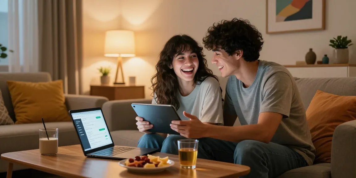 Engaging nsfw ai chat moment between couple in cozy living room, showcasing playful interaction with AI.