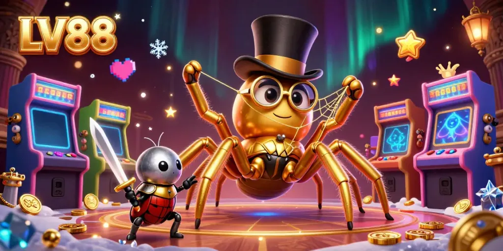 Experience the thrill of LV88 with a giant golden tarantula and beetle knight in a vibrant 3D casino scene.