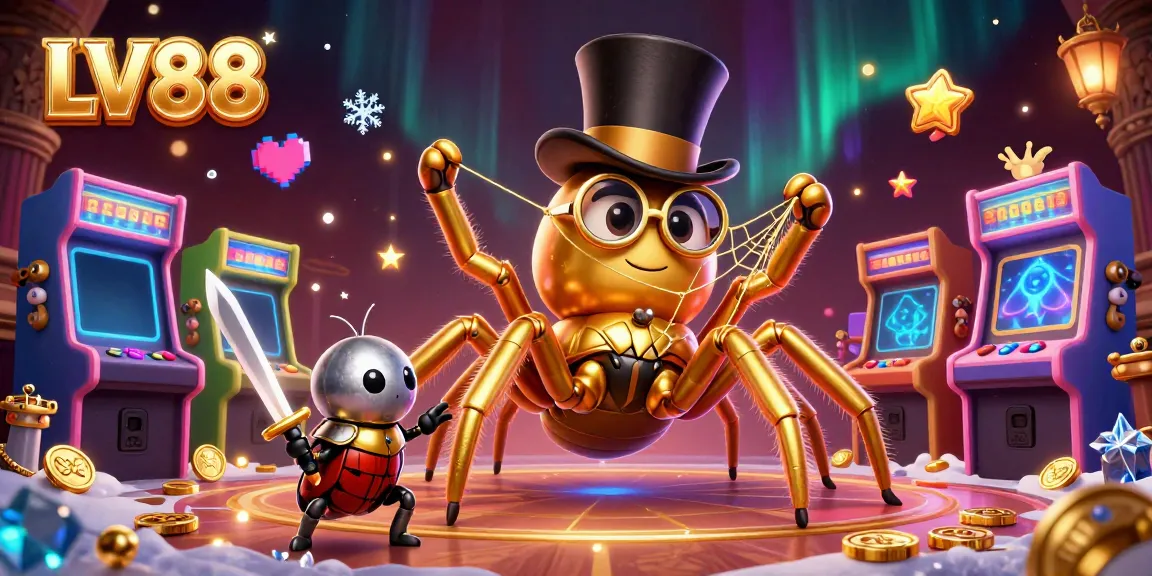 Experience the thrill of LV88 with a giant golden tarantula and beetle knight in a vibrant 3D casino scene.