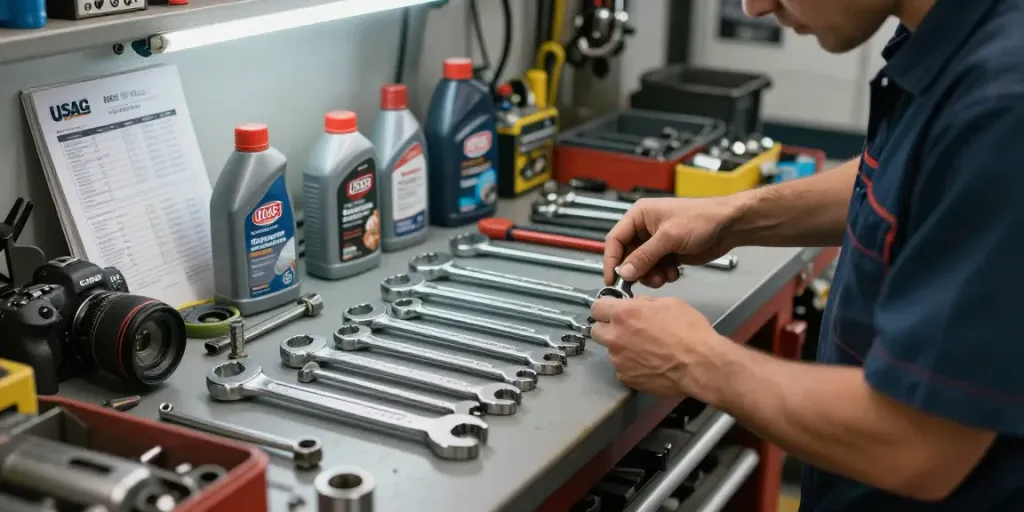 Mechanic using USAG 285X combination wrenches in an automotive workspace.