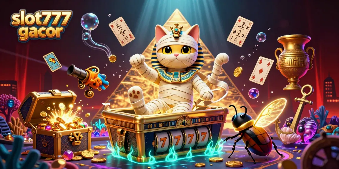 Engage with slot777 gacor in a vibrant casino scene featuring an Egyptian mummy cat, scarab, and floating cards.