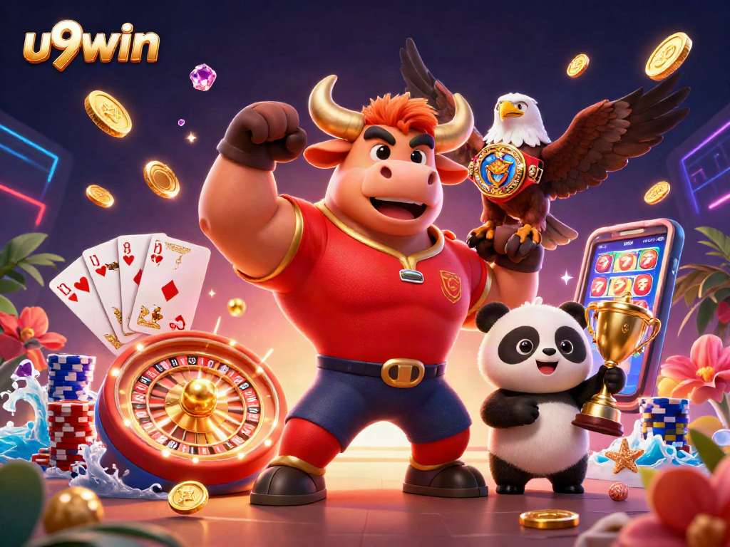 Experience the excitement of u9win with the muscular bull, eagle, and panda celebrating wins.